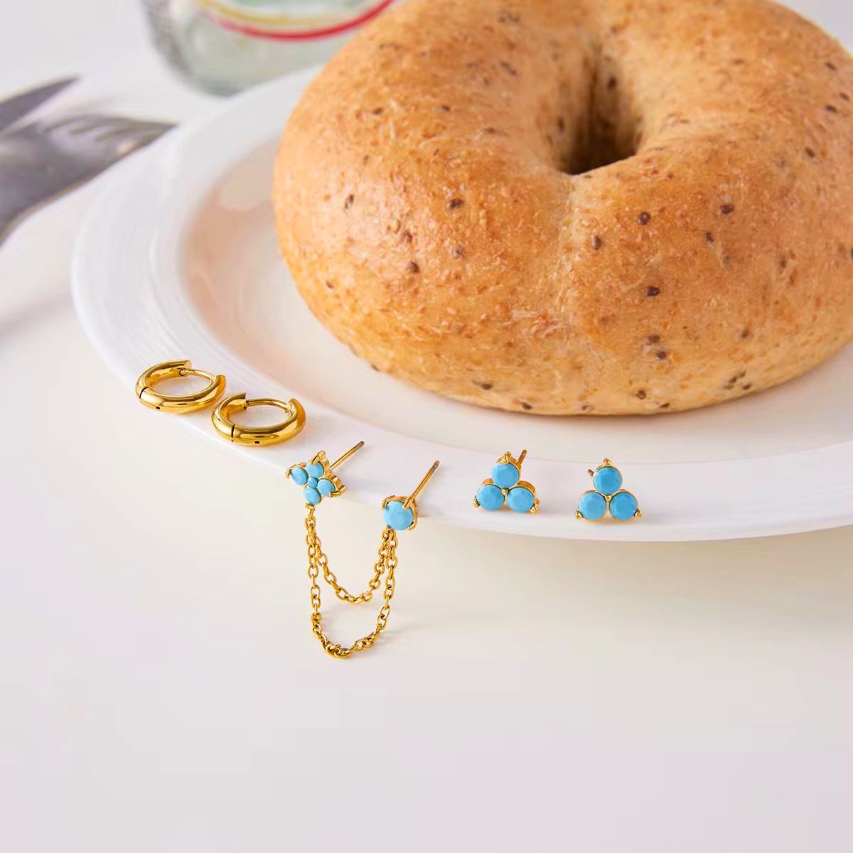 18k gold plated 3pc turquoise stud layered earring set, luna