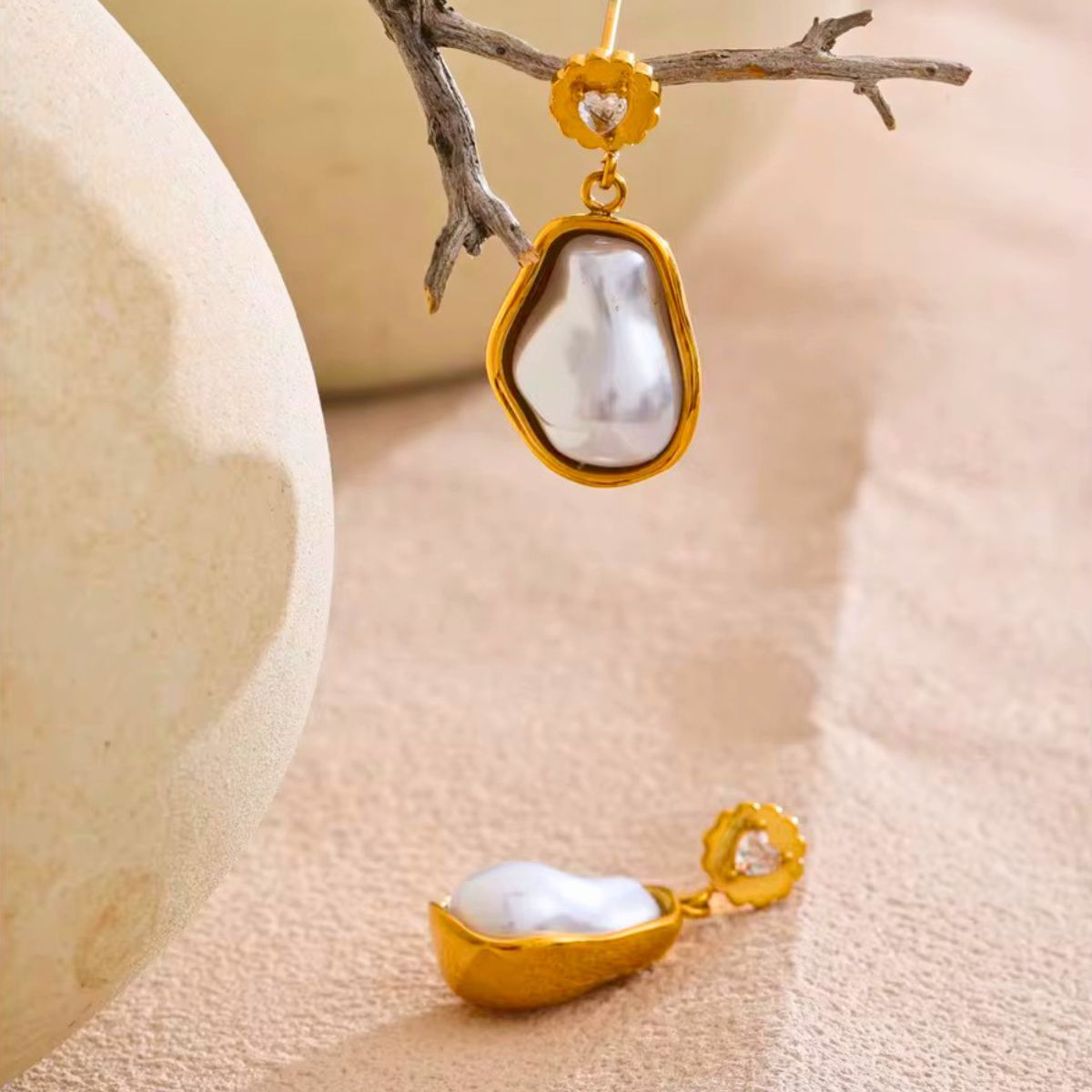 18k gold plated baroque pearl drop earrings, sana