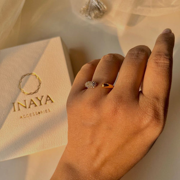 18Kt Gold Plated Crescent Zirconia Ring, Iris - Inaya Accessories