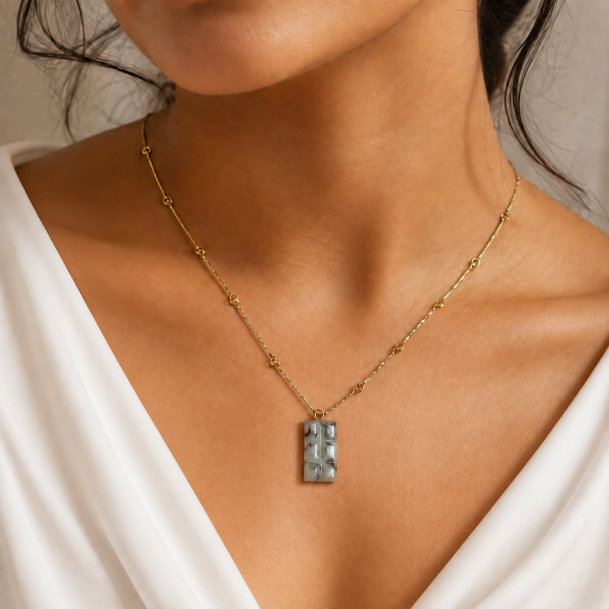 18kt gold plated bar link chain necklace with carved natural stone chocolate bar pendant
