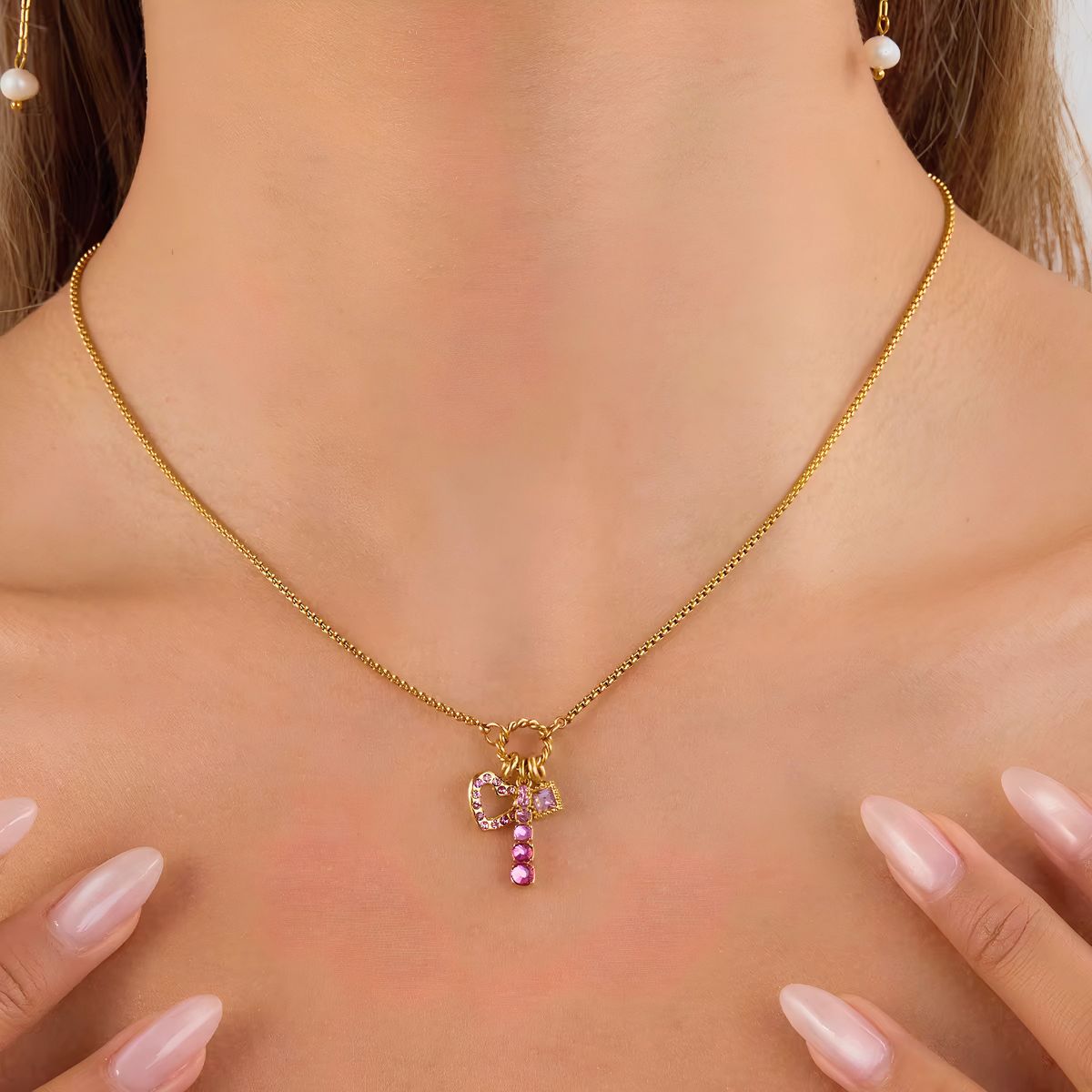 18k gold plated pink charm layered necklace, kyra