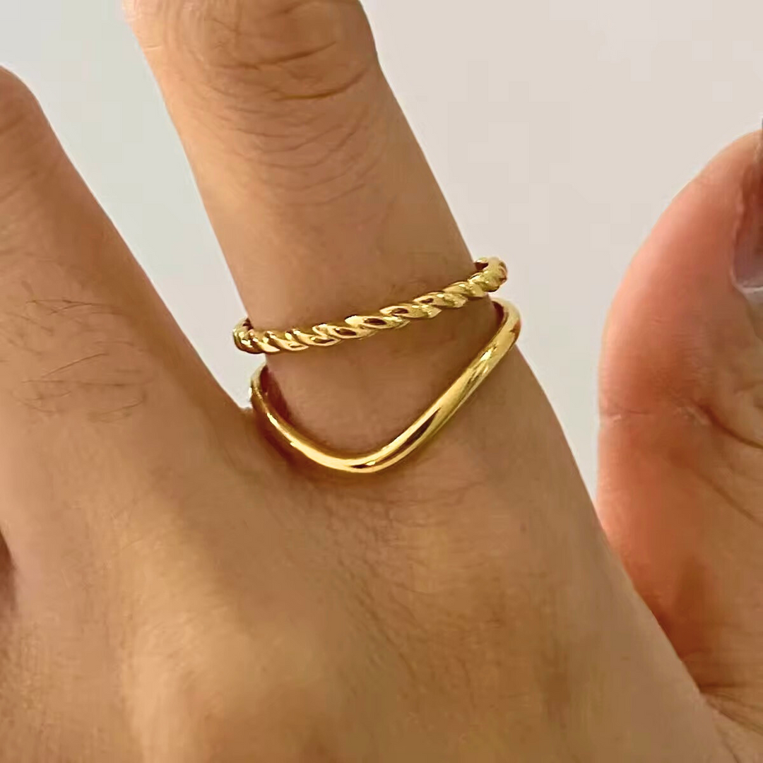 18KT Gold Plated Set of 2 Stackable Water Droplet and leaves Stainless Steel Waterproof Rings, Magnolia