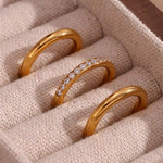 Load image into Gallery viewer, 18Kt Gold Plated Set Of 3 Stackable Rings, Plain and Zircon Studded, Caroline - Inaya Accessories
