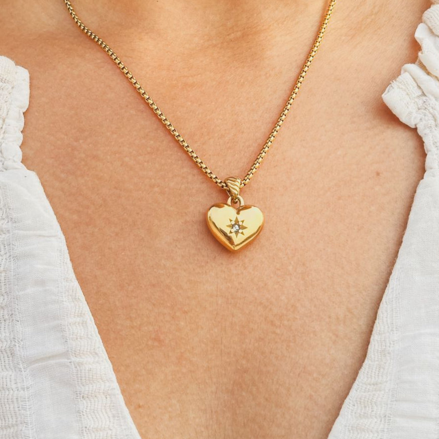18kt Gold Plated Zircon Heart Lock Pendant Necklace With Rope Chain, Aditi