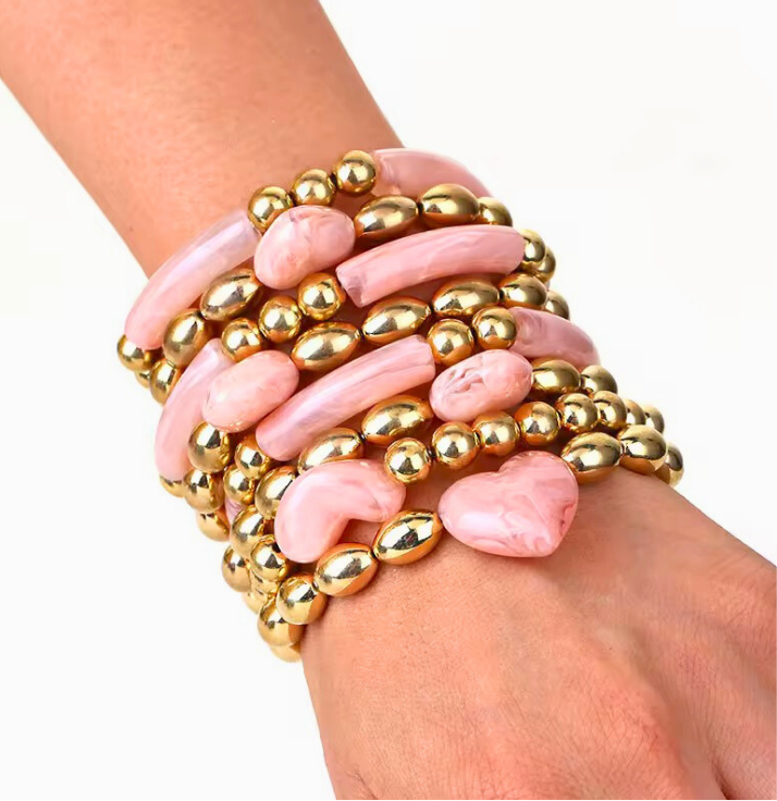 18KT gold plated Brass and Resin Beaded Pink Gold Bracelet Set, Dew
