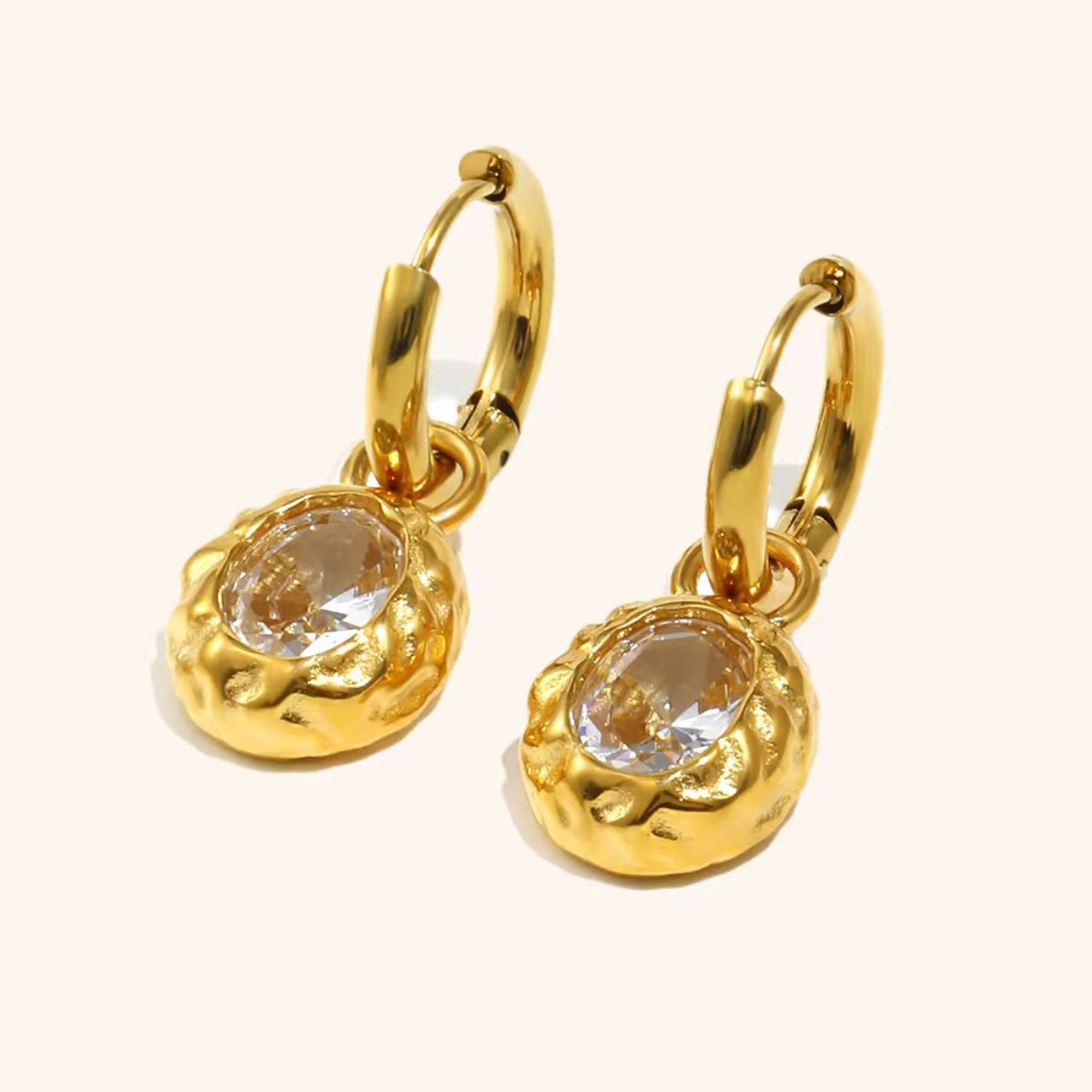 18k gold plated textured oval drop hoop earring, jia