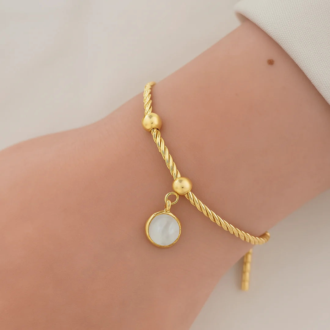 18kt Gold Plated Snake Twist Chain White Shell Adjustable Bracelet, Alma