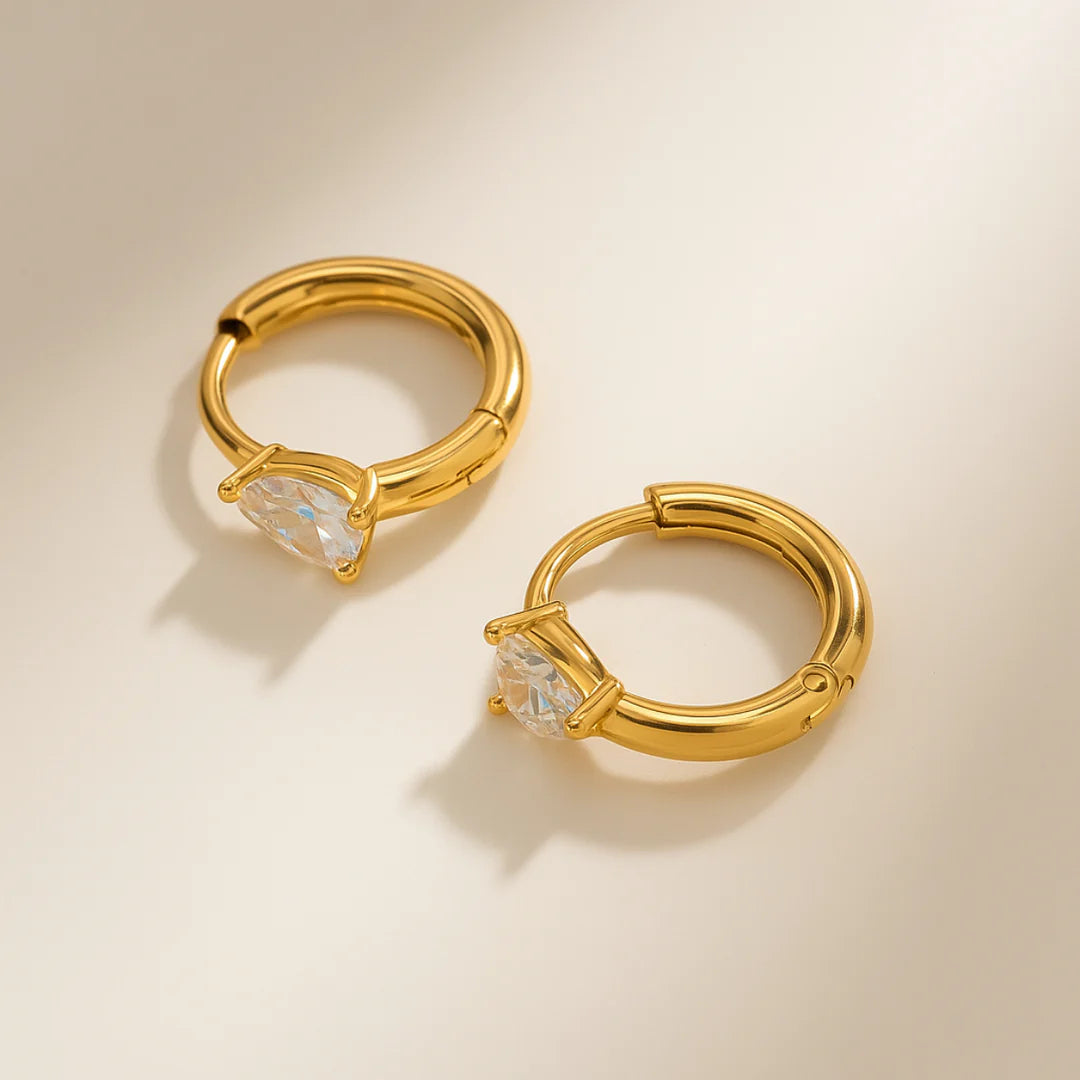 18kt Gold Plated Demi Fine White Zircon Water Drop Piercing Huggie Earrings, Arya