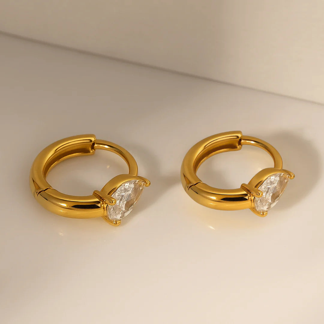 18kt Gold Plated Demi Fine White Zircon Water Drop Piercing Huggie Earrings, Arya