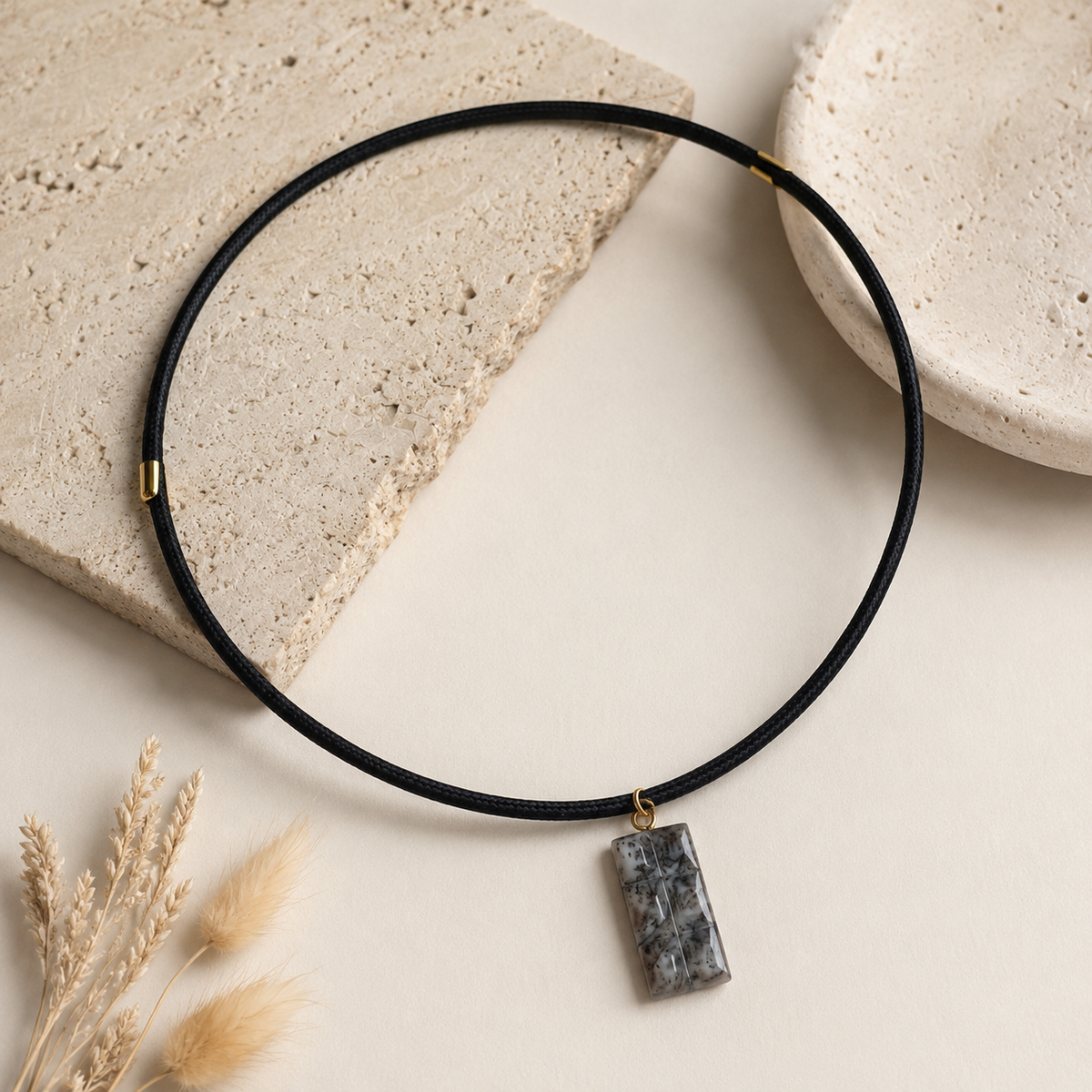 18kt gold plated carved natural stone chocolate bar pendant in magnetic cord