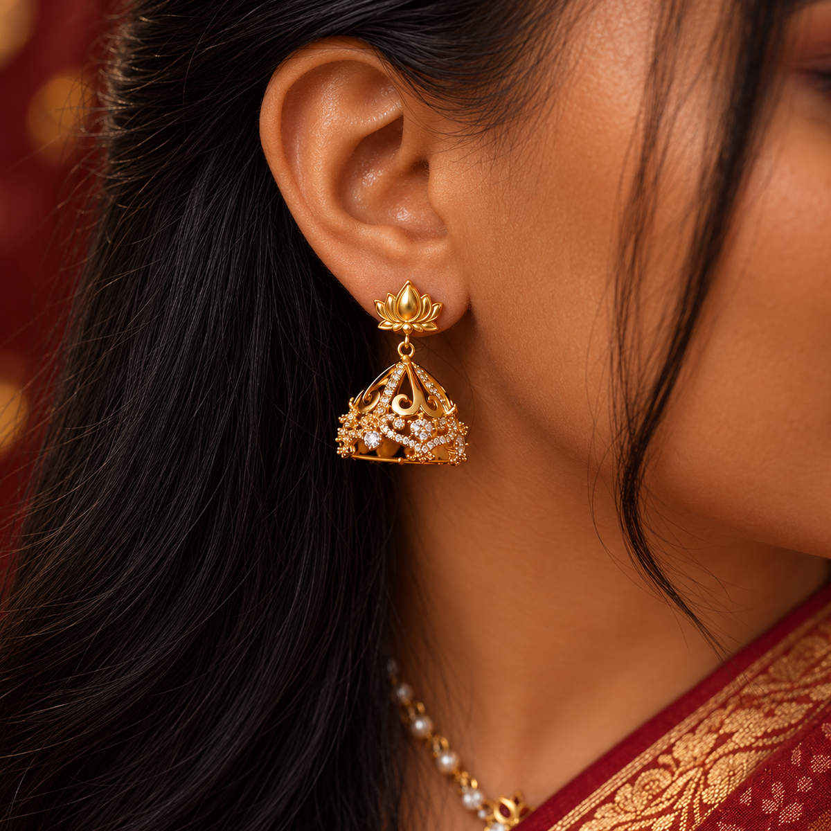 18kt gold plated temple inspired lotus jhumka cutout earrings, nazm
