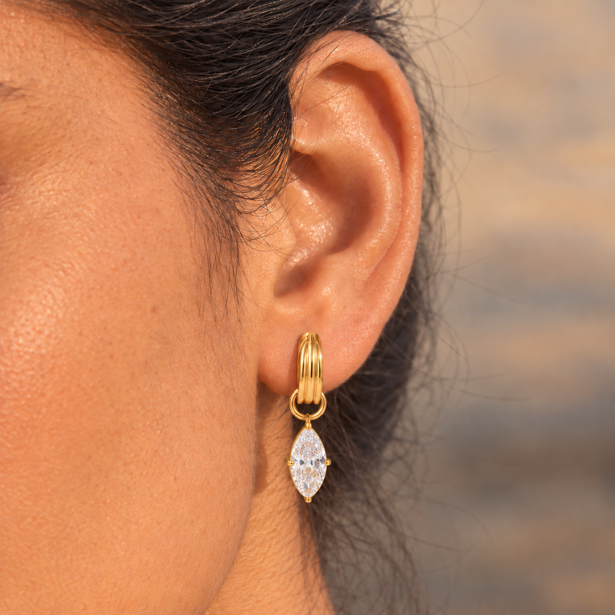 18kt gold plated textured hoop mismatch teardrop and pear cut earrings, qissa