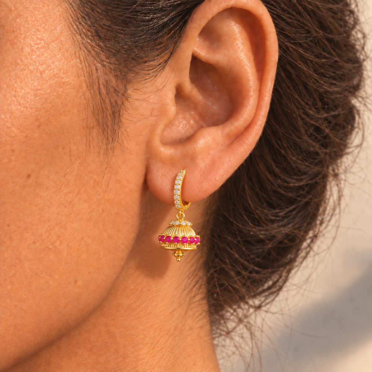 18kt gold plated ruby zircon mini jhumka hoop earrings, nuvi