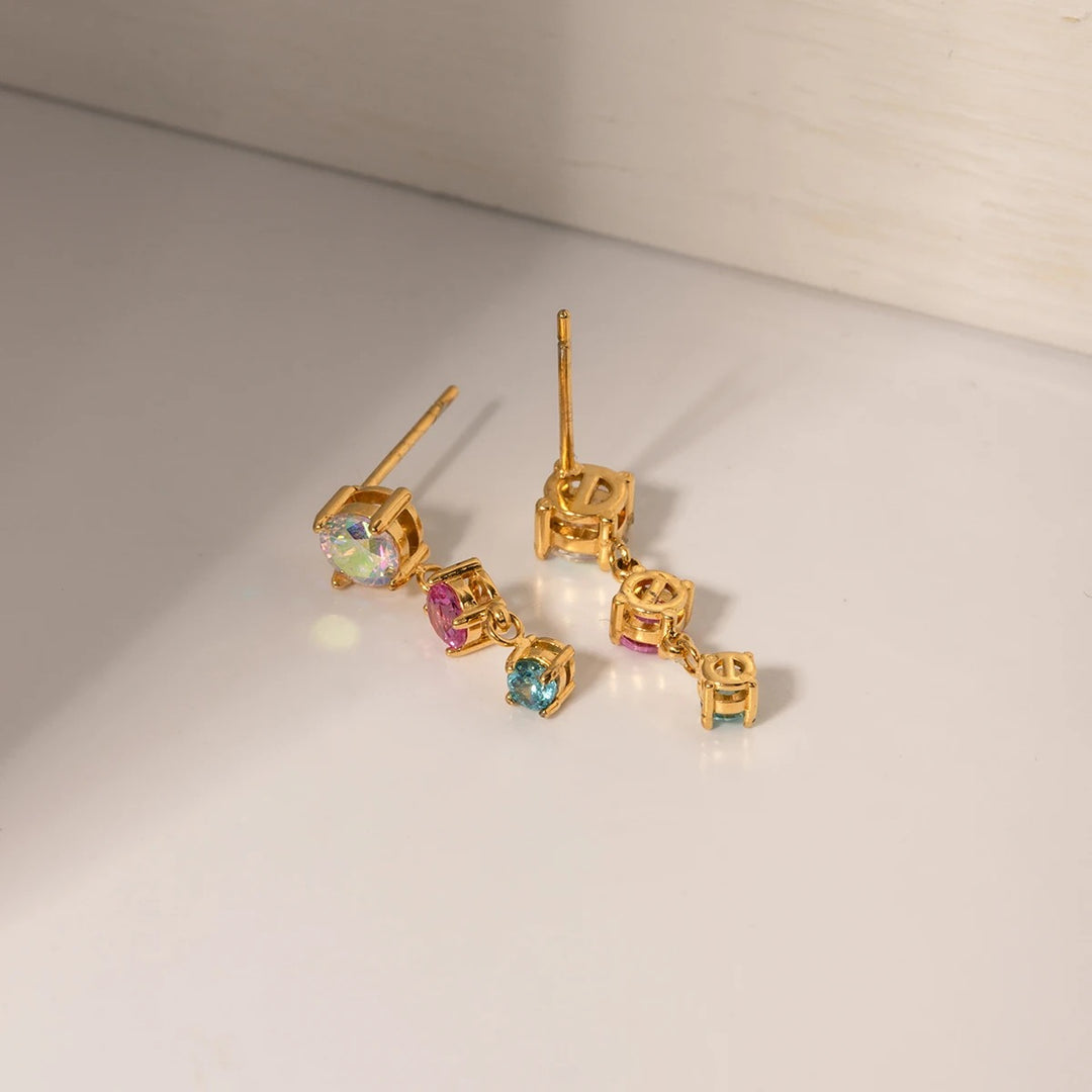 18kt Gold Plated Round Colorful Cubic Zirconia & Moonstone Drop Earrings, Rory Gilmore