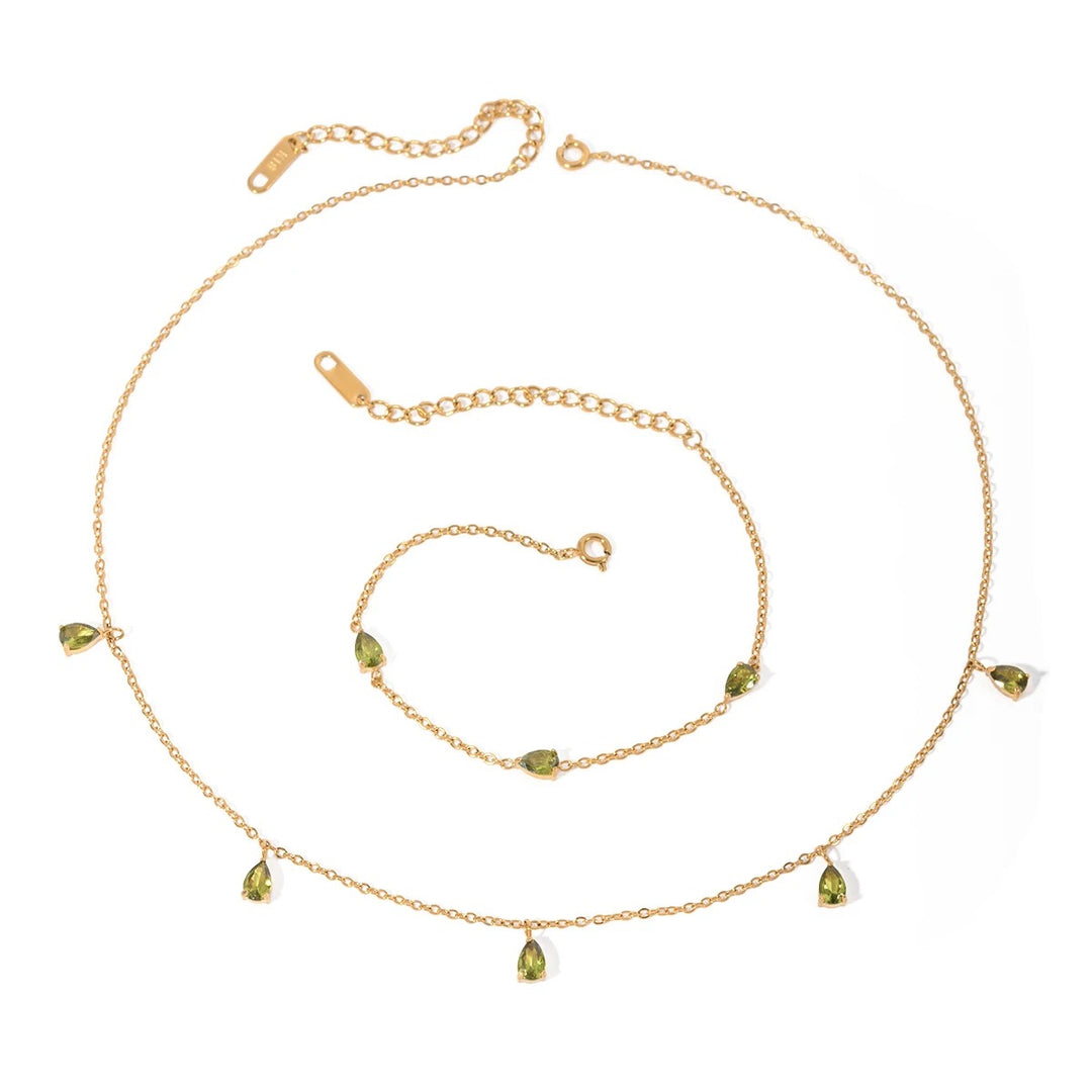 18kt Gold Plated Green Waterdrop Cubic Zirconia Necklace, Claire Dunphy