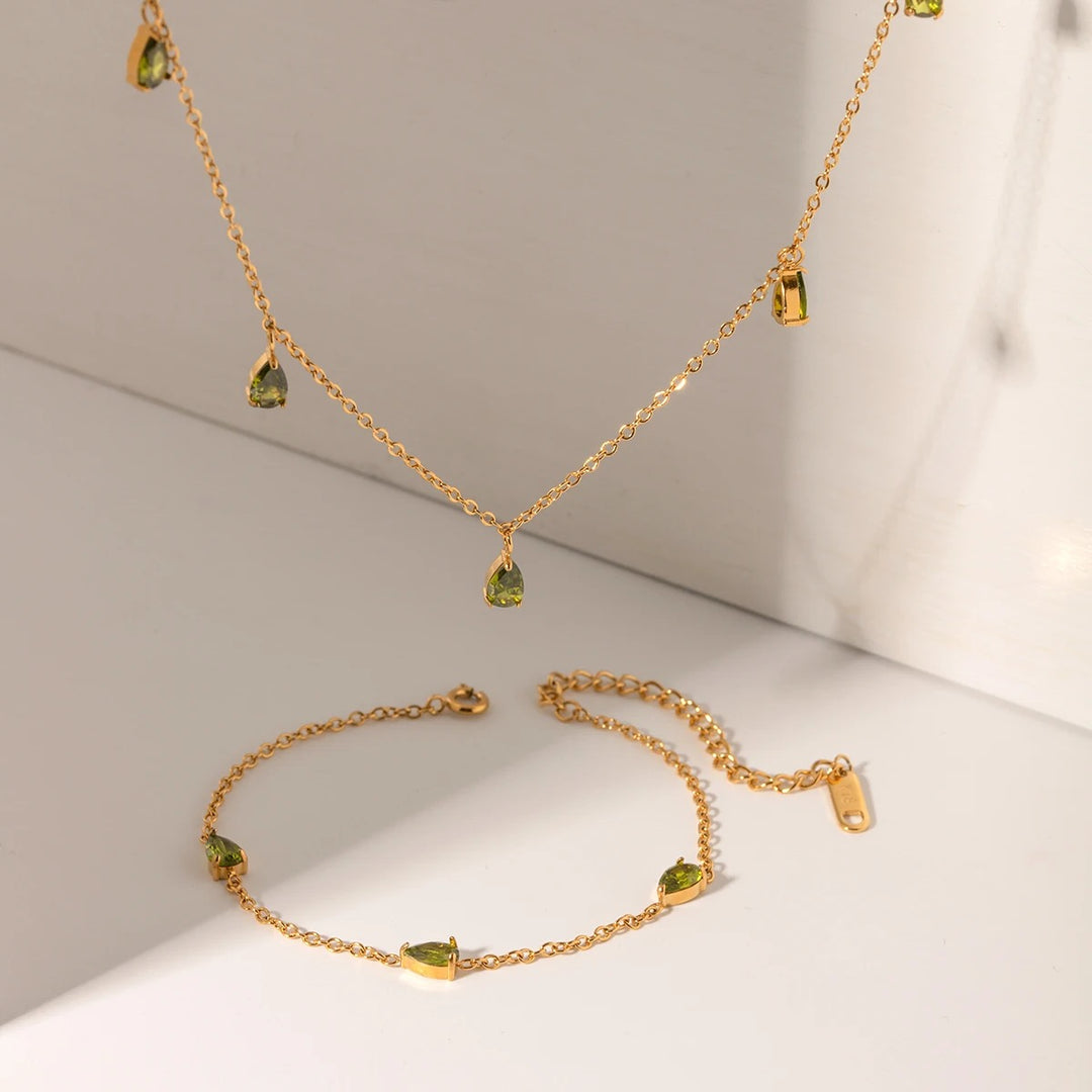 18kt Gold Plated Green Waterdrop Cubic Zirconia Necklace, Claire Dunphy