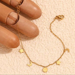 Load image into Gallery viewer, 18kt Gold Plated Sun Star and Moon Dainty Charm Bracelet, August