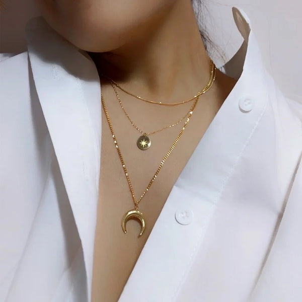 18Kt Gold Plated moon and star charmed triple layered necklace