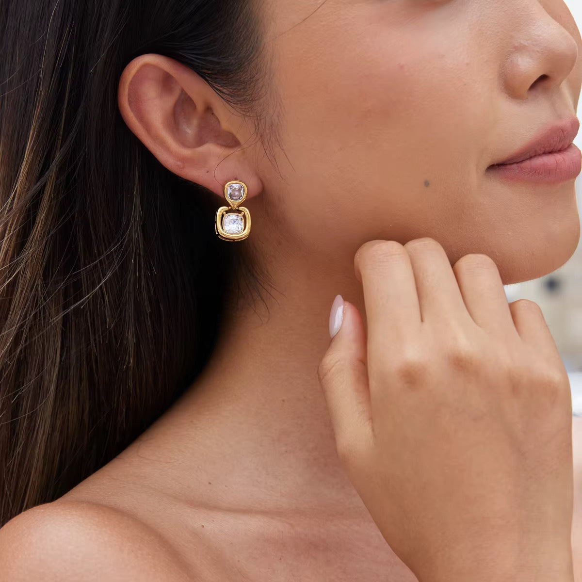 18kt gold plated double cushion drop earrings, petra