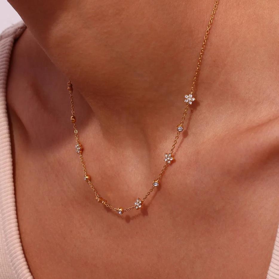 18kt gold plated cubic zirconia flower charm choker necklace, myra