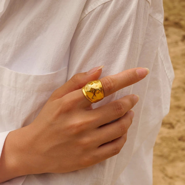 18kt Gold Plated Hammered Statement Open Ring, Pebble - Inaya Accessories