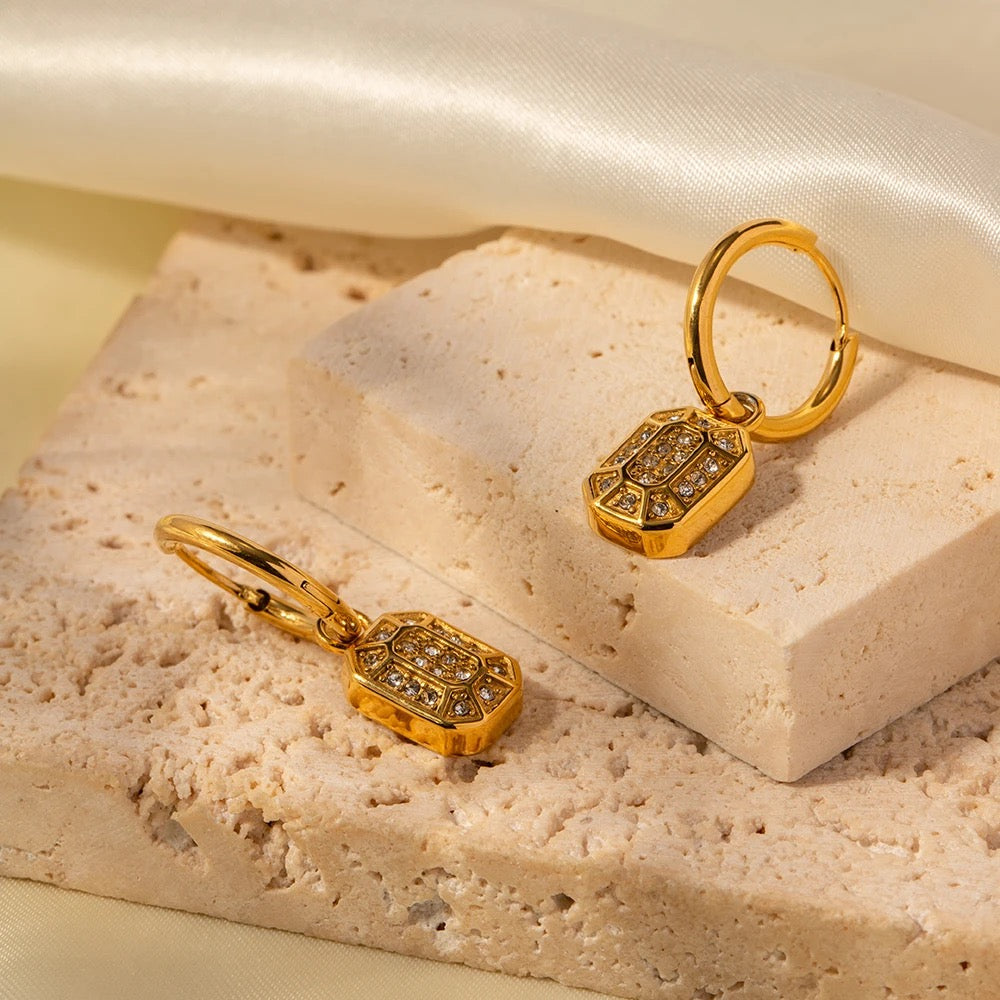 18Kt Gold Plated Rectangle Inlaid Zircon Earrings, Blair - Inaya Accessories