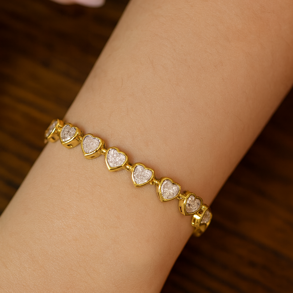 Inaya modern festive 18kt gold plated vintage heart bezel zircon tennis bracelet, anu