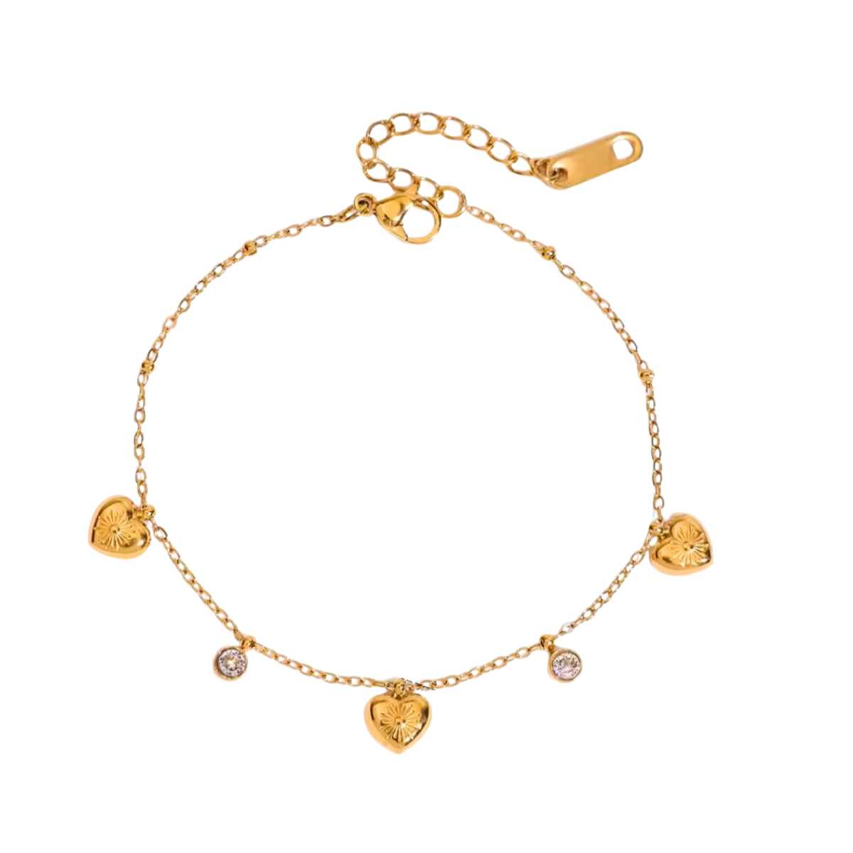 Inaya modern festive 18kt gold plated north star heart & round zircon charm bracelet, azura