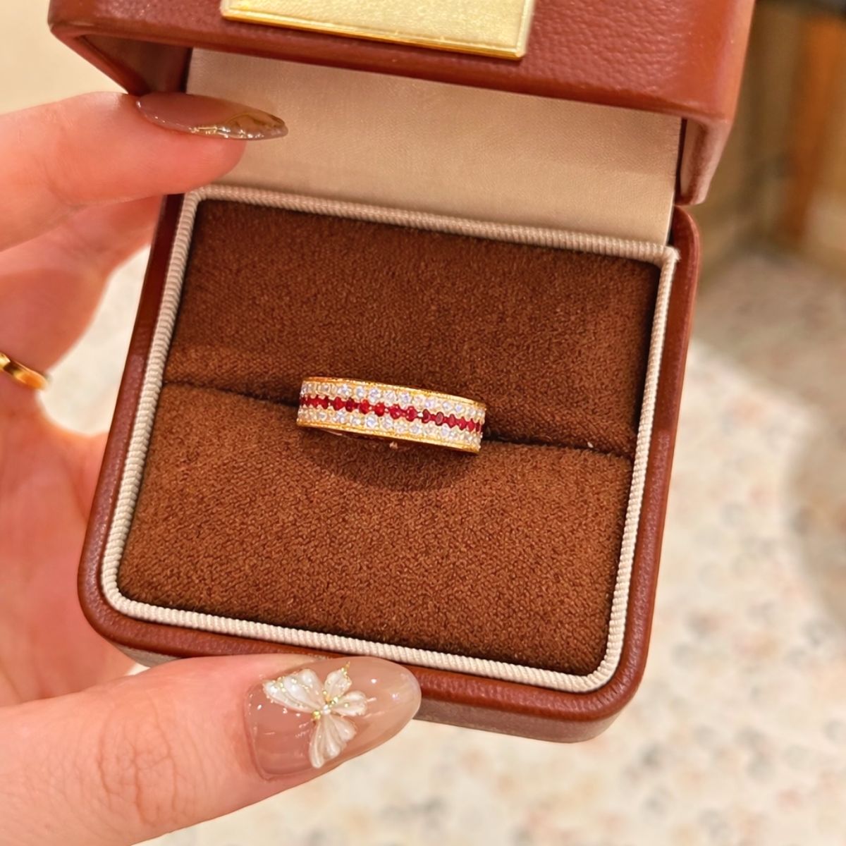 18kt gold plated ruby & crystal triple row eternity band, calista