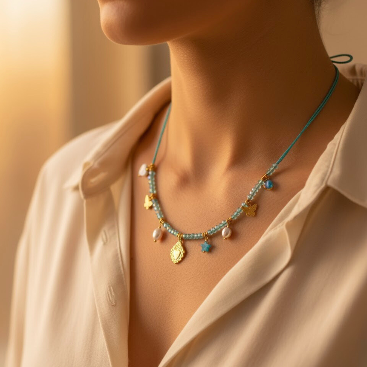 Candy necklace, 18kt gold plated stainless steel heart, beads and butterfly charm rope necklace