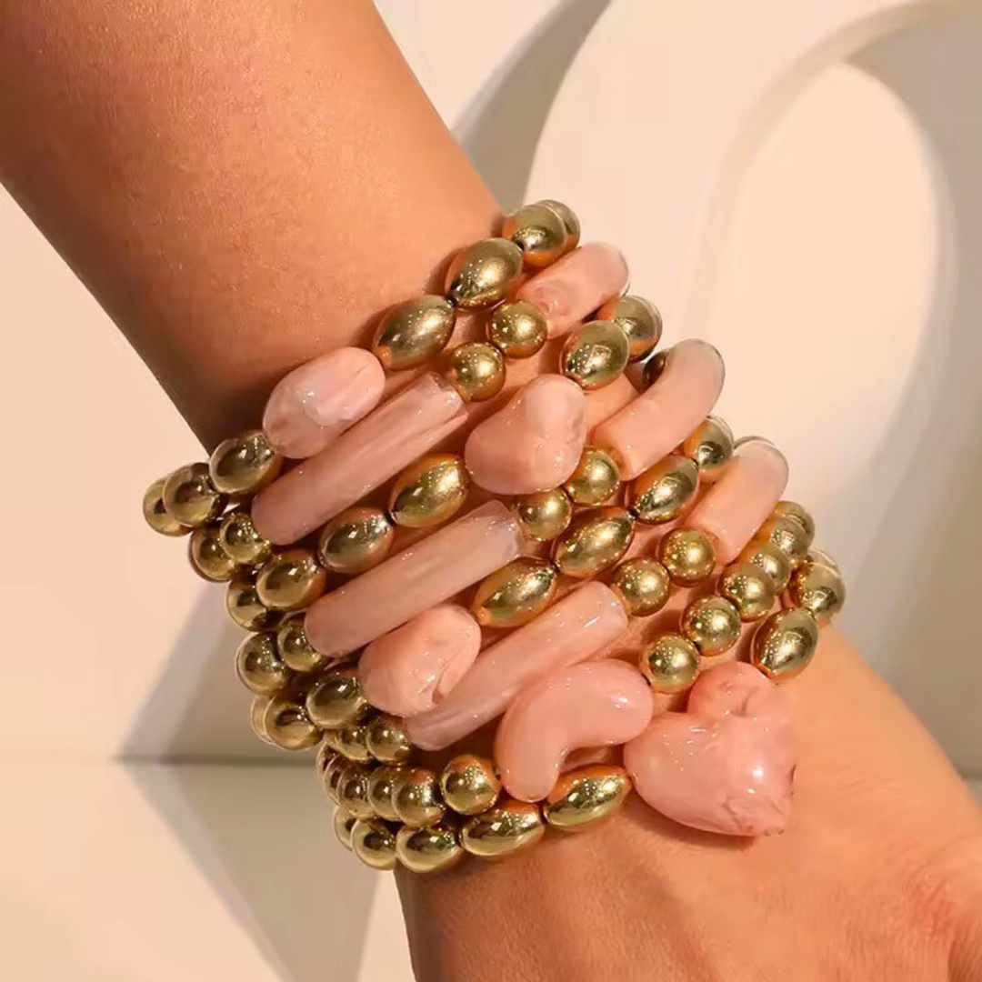 18KT gold plated Brass and Resin Beaded Pink Gold Bracelet Set, Dew