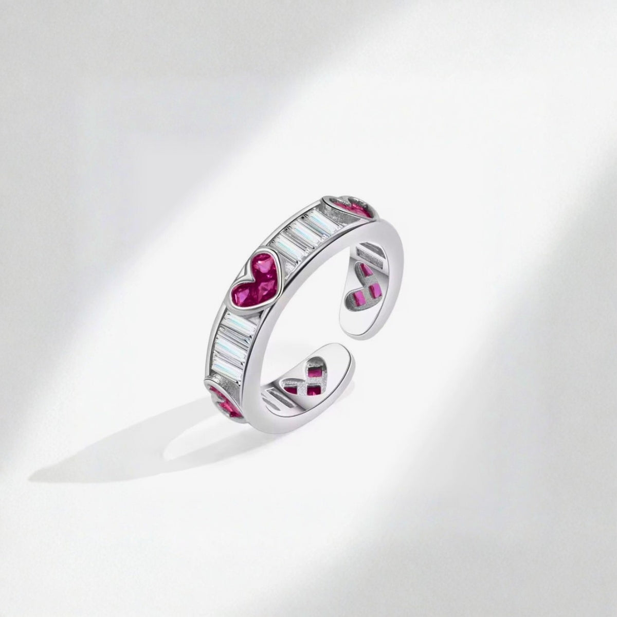 18kt gold plated stainless steel silver pink heart and baguette stone open cuff ring for women, edwina