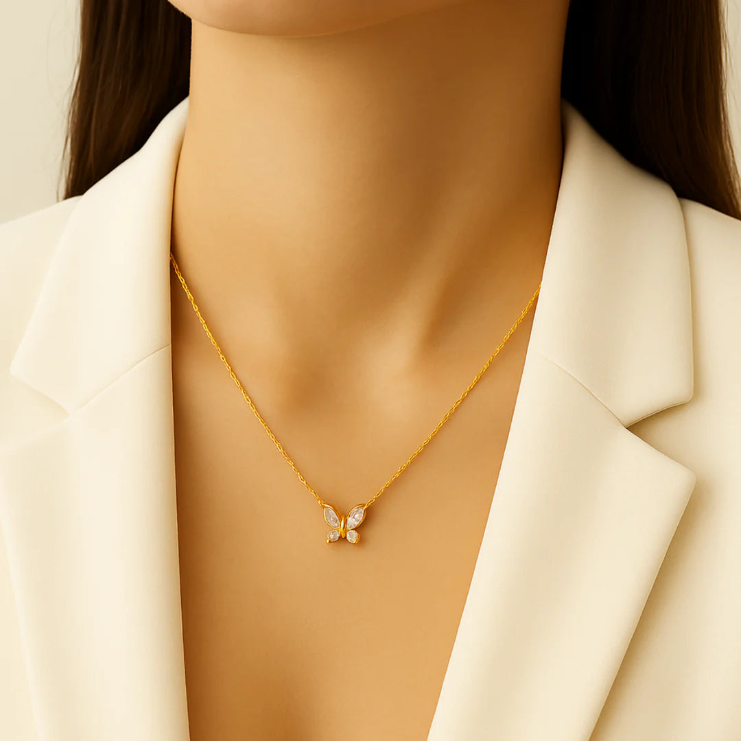 18KT Gold Plated Minimal Zircon Butterfly Stainless Steel Waterproof Pendant Necklace, Elara