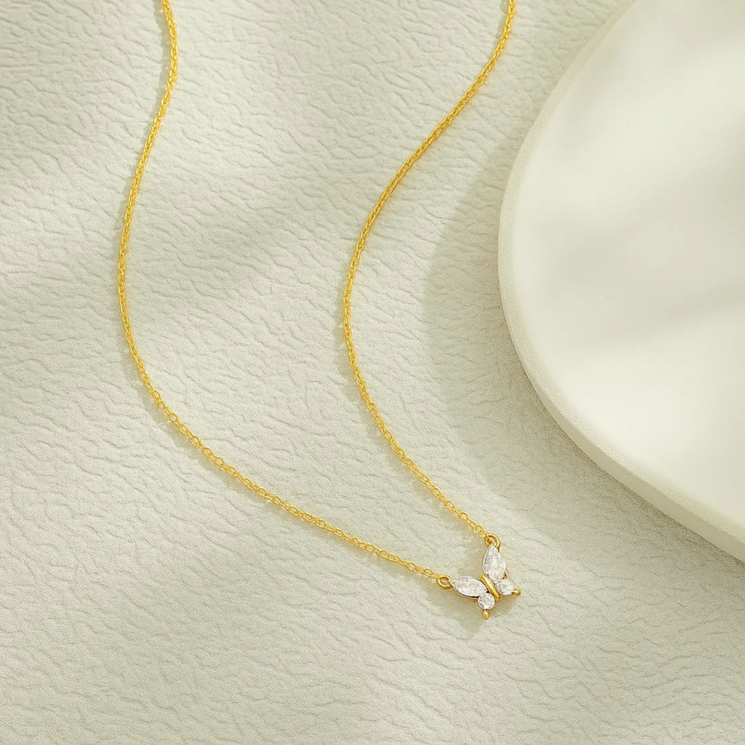 18KT Gold Plated Minimal Zircon Butterfly Stainless Steel Waterproof Pendant Necklace, Elara
