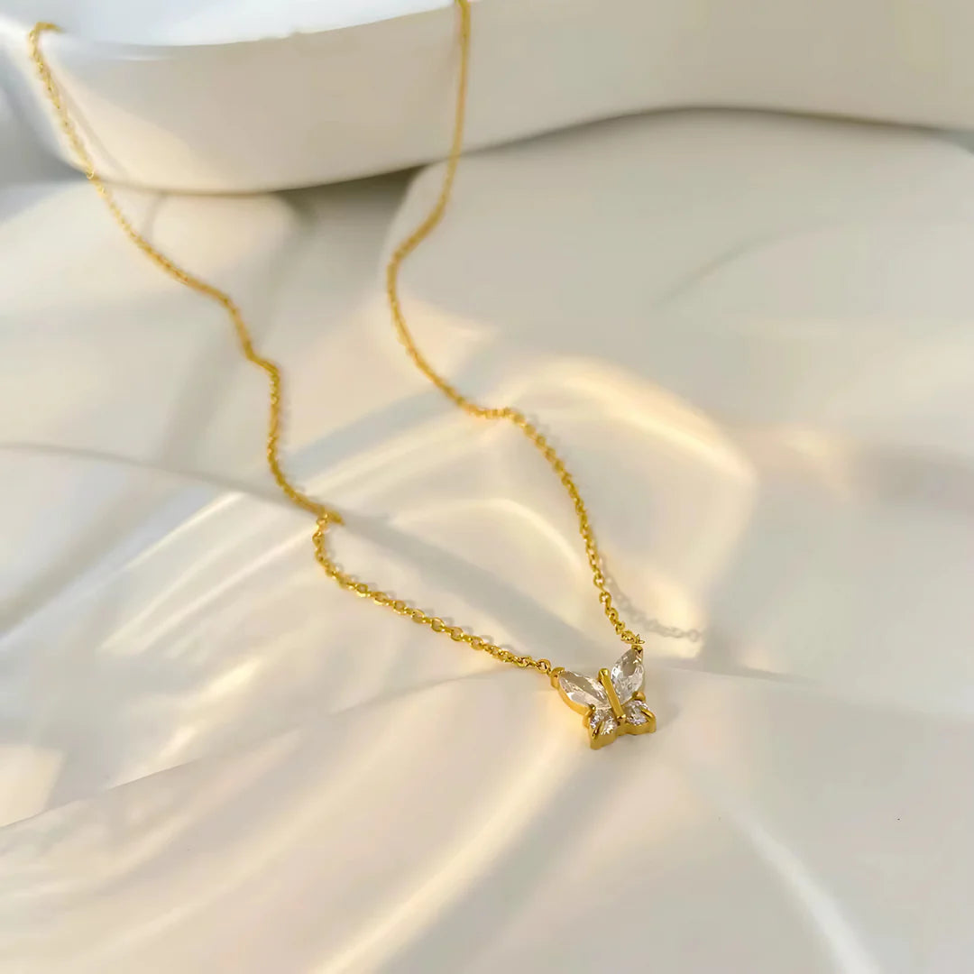 18KT Gold Plated Minimal Zircon Butterfly Stainless Steel Waterproof Pendant Necklace, Elara