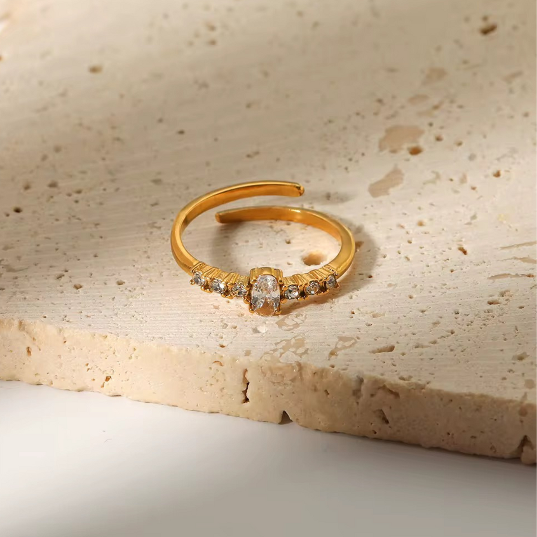 18KT Gold Plated Minimal Oval Bezel Diamond Stainless Steel Waterproof Ring, Elsa