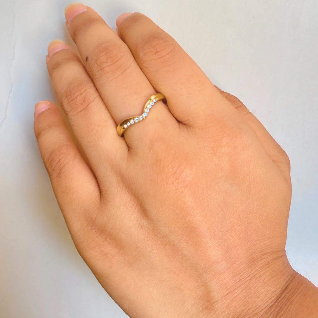 18KT Gold Plated Minimal V shaped Crystal Studded Stainless Steel Waterproof Ring, Faye