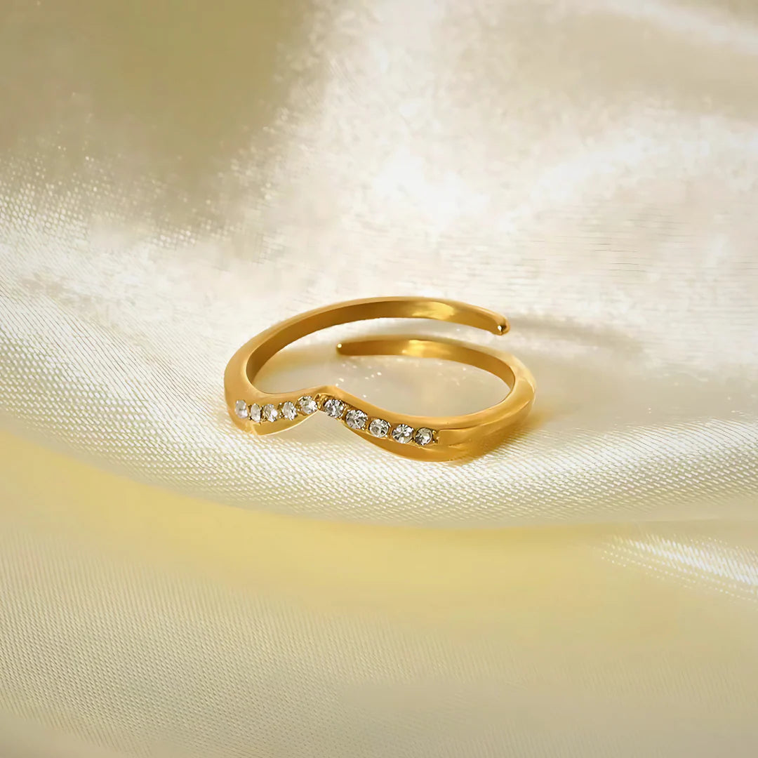 18KT Gold Plated Minimal V shaped Crystal Studded Stainless Steel Waterproof Ring, Faye