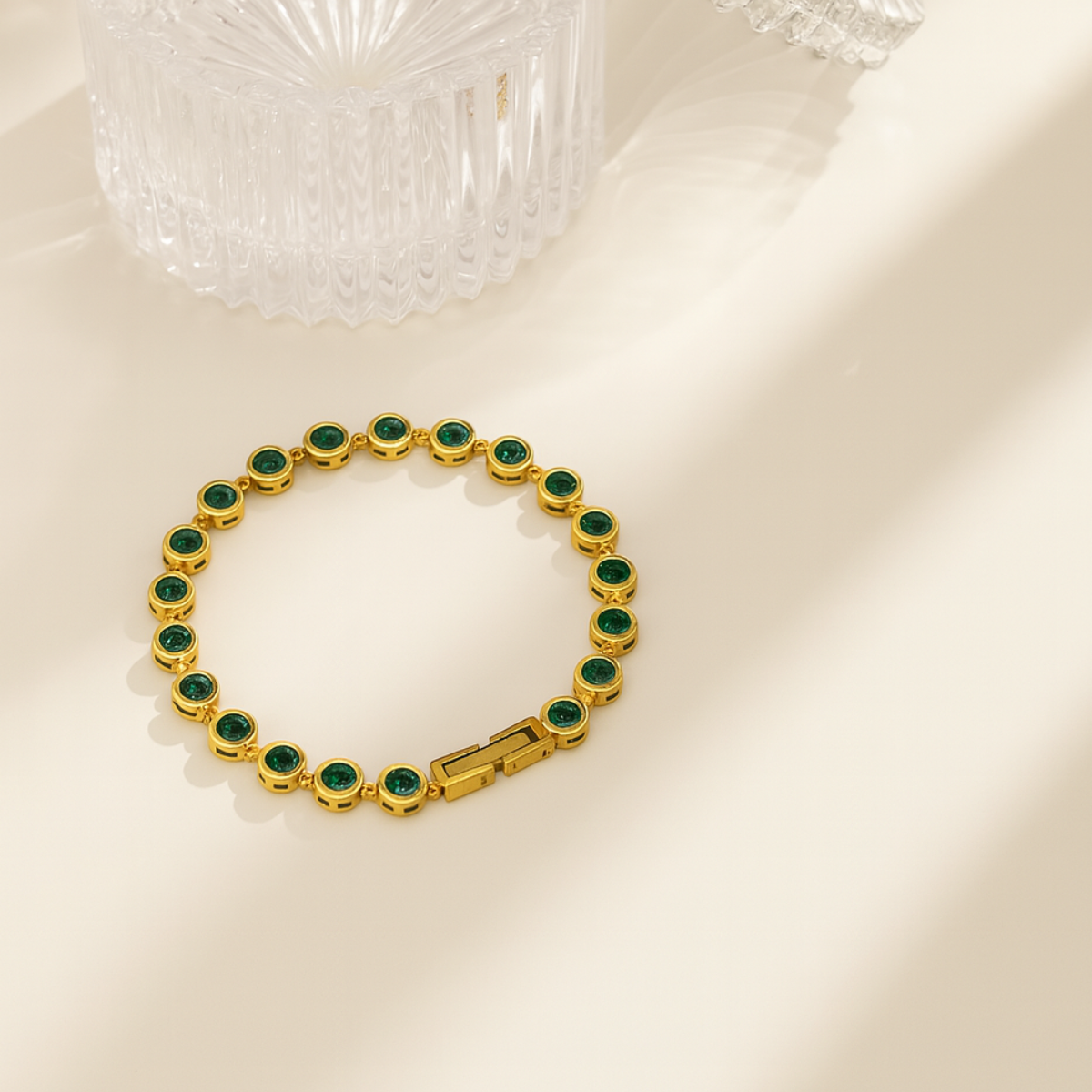 Inaya modern festive 18kt gold plated modern green emerald round zircon tennis bracelet, gaya