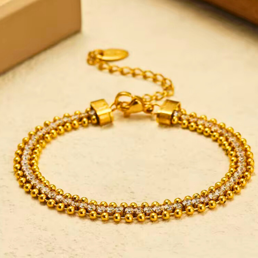 18 KT Gold Plated Stainless Steel Bead & Zircon stackable tennis bracelet, Glaze