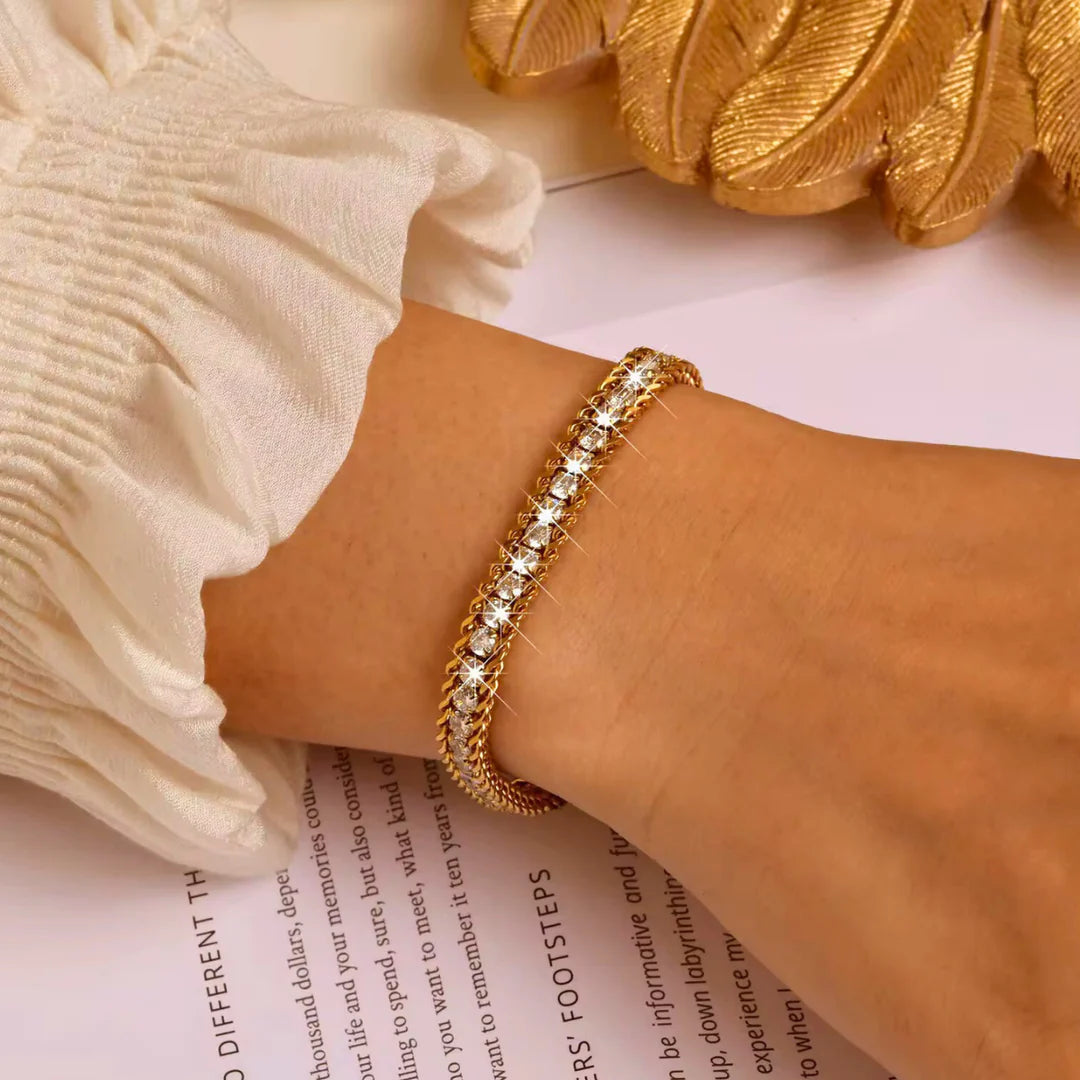 18 KT Gold Plated Stainless Steel Bead & Zircon stackable tennis bracelet, Glaze