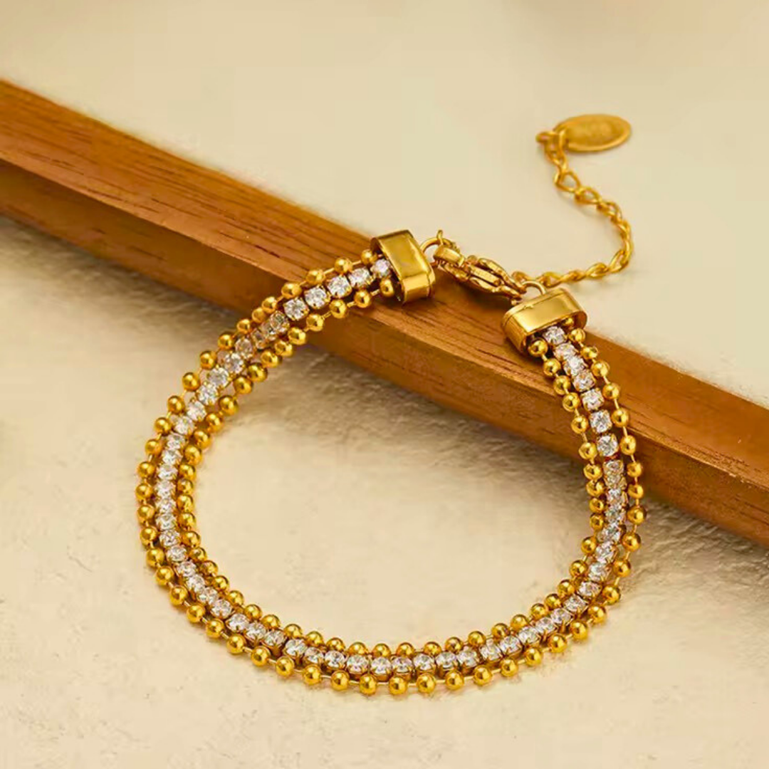 18 KT Gold Plated Stainless Steel Bead & Zircon stackable tennis bracelet, Glaze