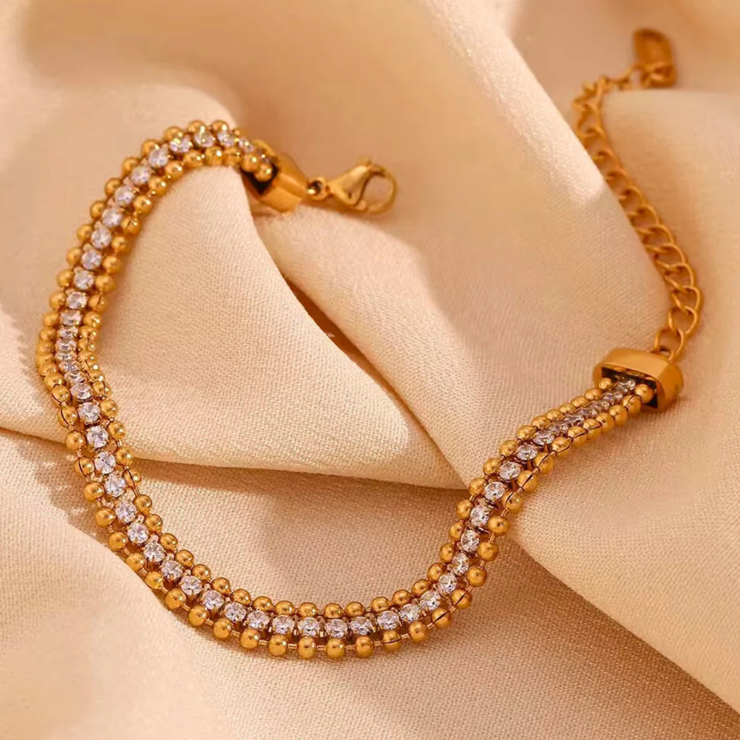 18 KT Gold Plated Stainless Steel Bead & Zircon stackable tennis bracelet, Glaze