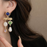 Load image into Gallery viewer, 18KT Gold Plated Multi Gemstone Heart & Pearl Chandelier Earrings, Juno