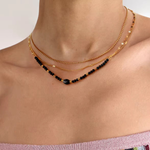 Load image into Gallery viewer, Kaleido Necklace, 18KT Gold Plated Stainless Steel Triple Layered Black Crystal Stone & Beads Necklace
