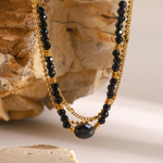 Load image into Gallery viewer, Kaleido Necklace, 18KT Gold Plated Stainless Steel Triple Layered Black Crystal Stone & Beads Necklace