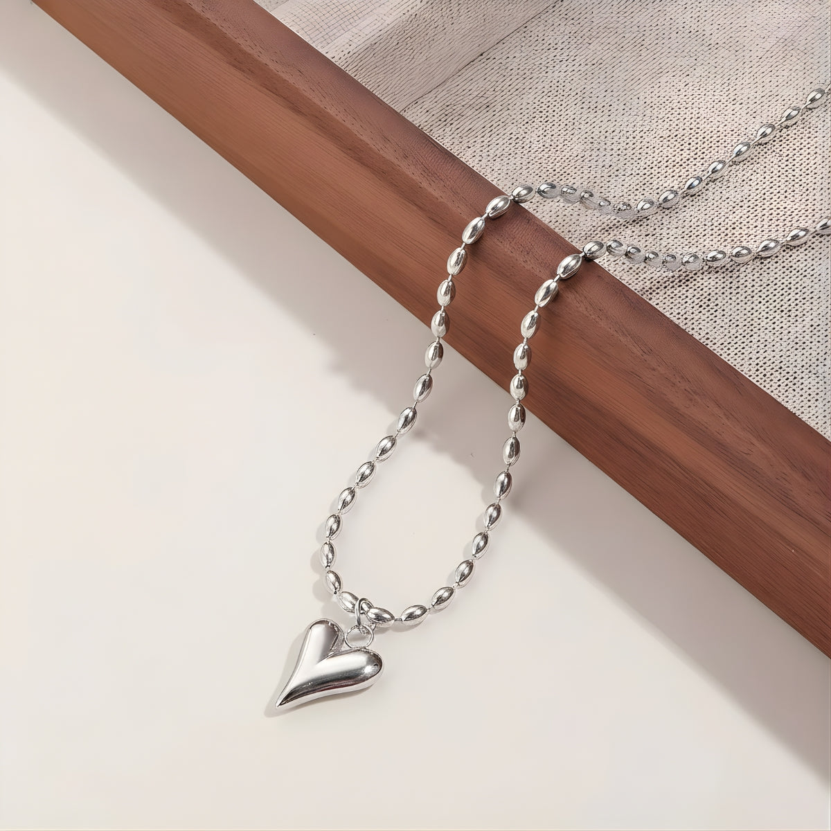 18kt gold plated stainless steel silver heart necklace with beaded ball chain for women, livvy