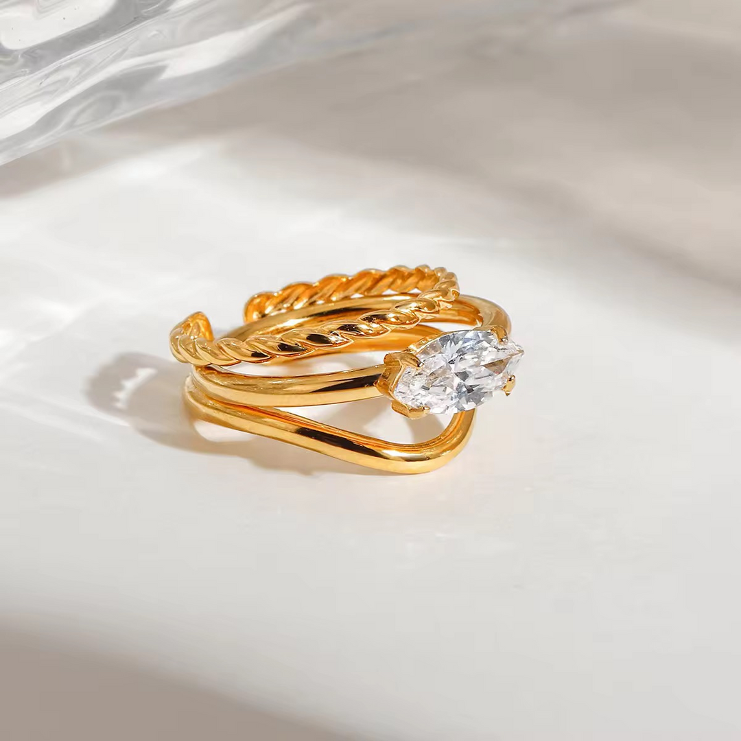 18KT Gold Plated Set of 2 Stackable Water Droplet and leaves Stainless Steel Waterproof Rings, Magnolia