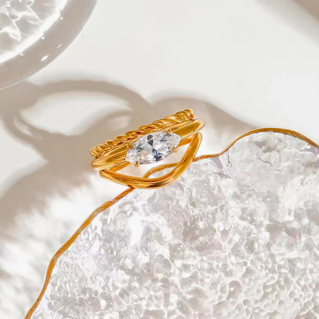 18KT Gold Plated Set of 2 Stackable Water Droplet and leaves Stainless Steel Waterproof Rings, Magnolia