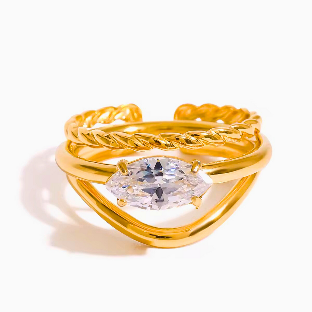 18KT Gold Plated Set of 2 Stackable Water Droplet and leaves Stainless Steel Waterproof Rings, Magnolia